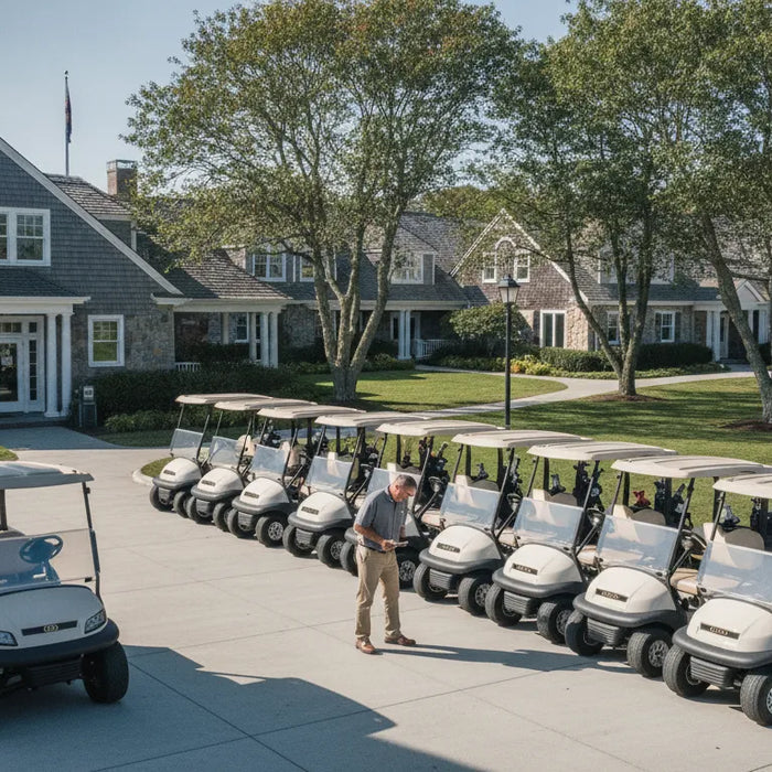 Electric golf carts and a utility cart staged beside a New England commercial property