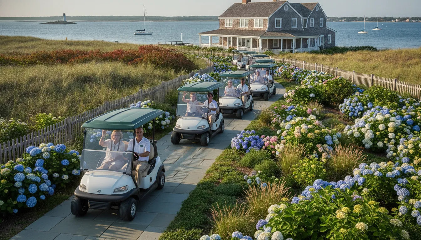 Commercial golf carts transporting guests and staff at a New England event venue