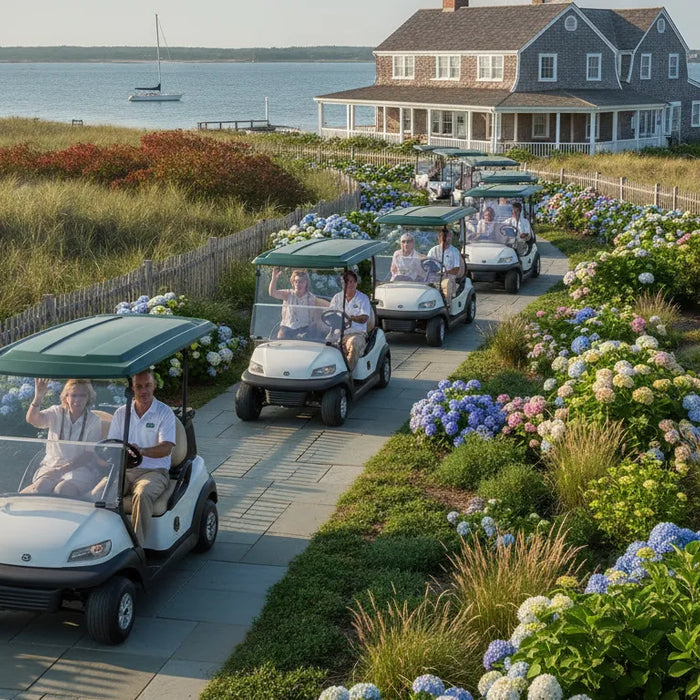Commercial golf carts transporting guests and staff at a New England event venue