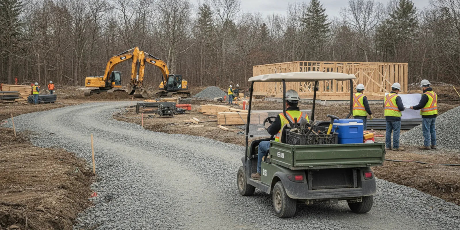 Utility cart carrying tools along a construction site access road