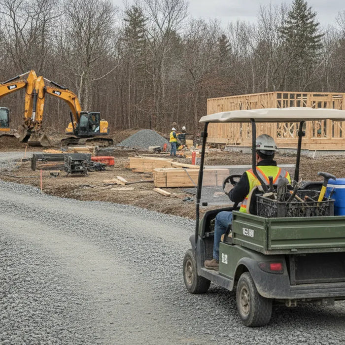 Utility cart carrying tools along a construction site access road