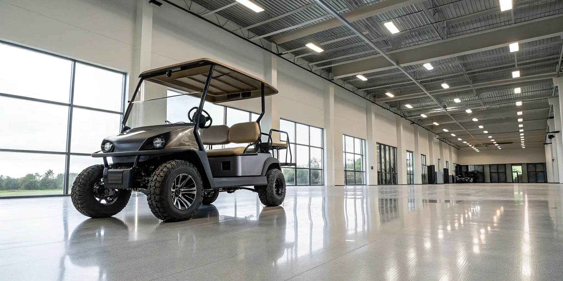Lifted custom built golf cart with off-road tires for sale in a modern showroom.