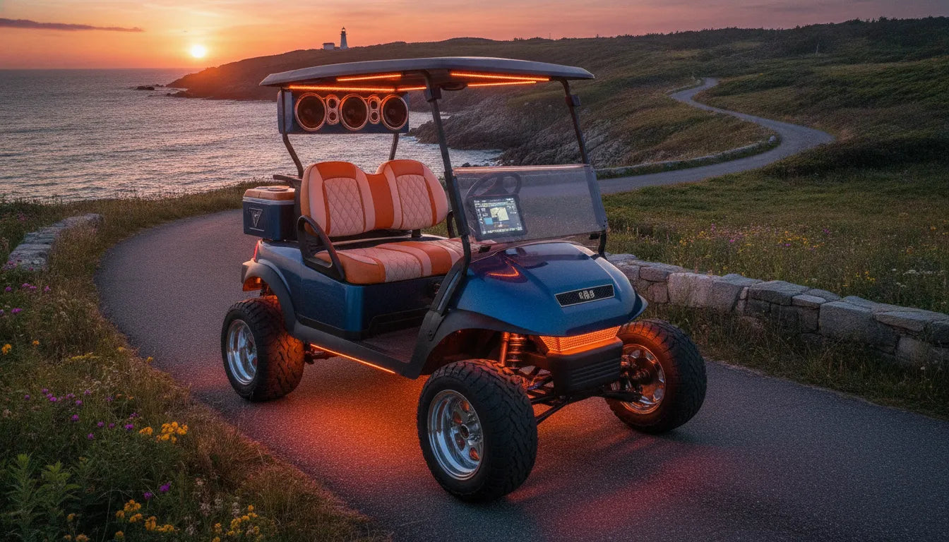 Customized golf cart with lifted suspension and LED lighting on a New England coastal road at sunset