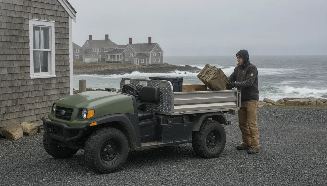 Rugged electric utility vehicle with a cargo bed on a coastal New England property