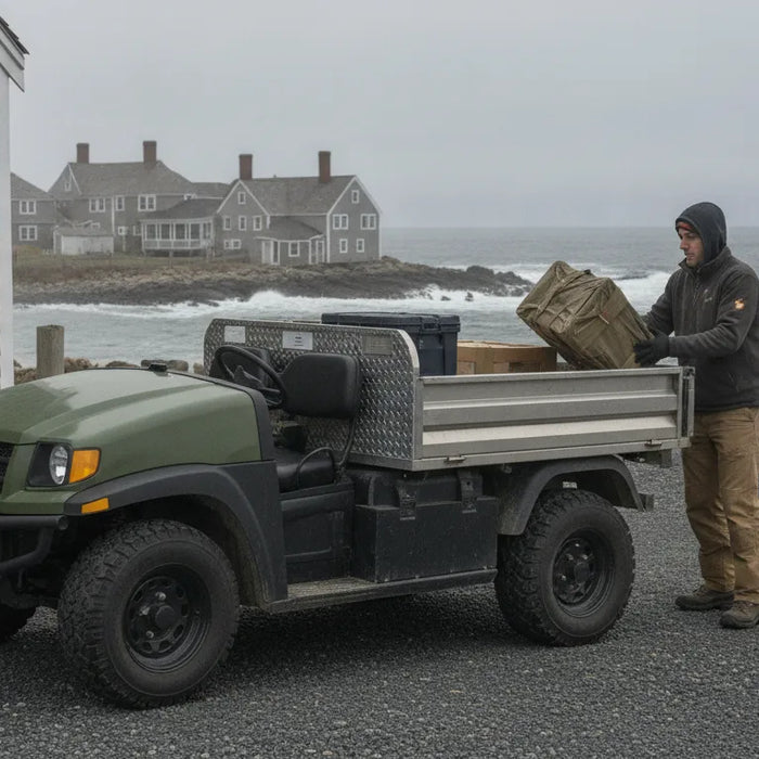 Rugged electric utility vehicle with a cargo bed on a coastal New England property