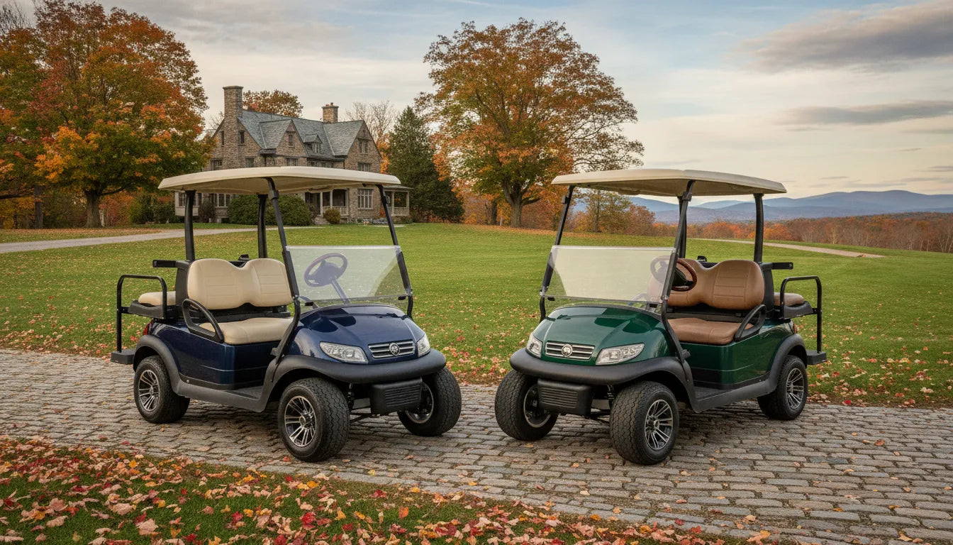 Electric and gas golf carts parked side by side in New England