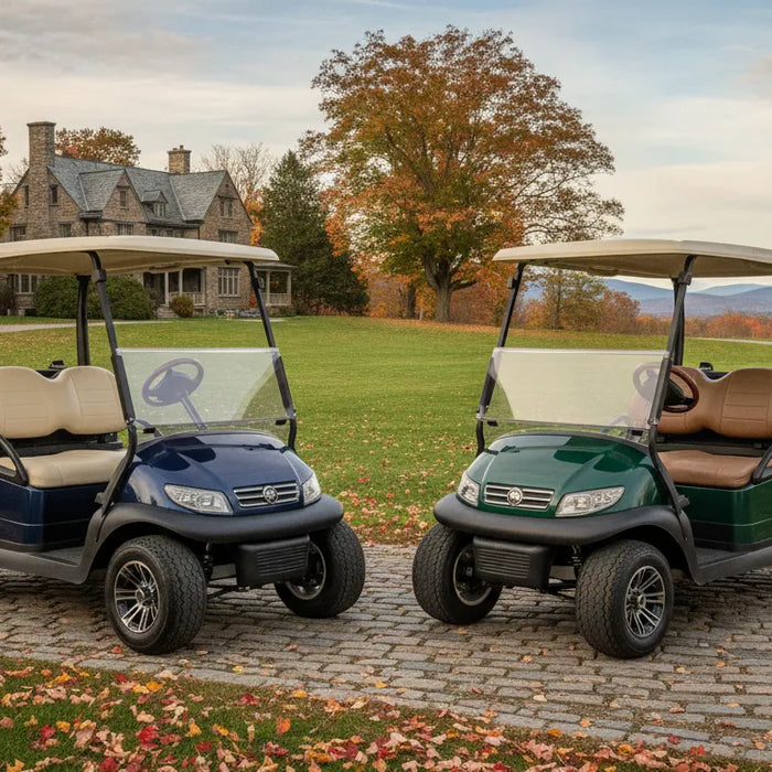 Electric and gas golf carts parked side by side in New England