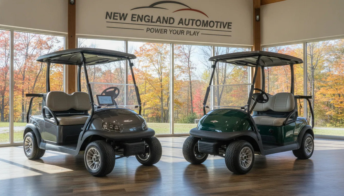 Gas and electric golf carts displayed side by side at a New England dealership with autumn foliage