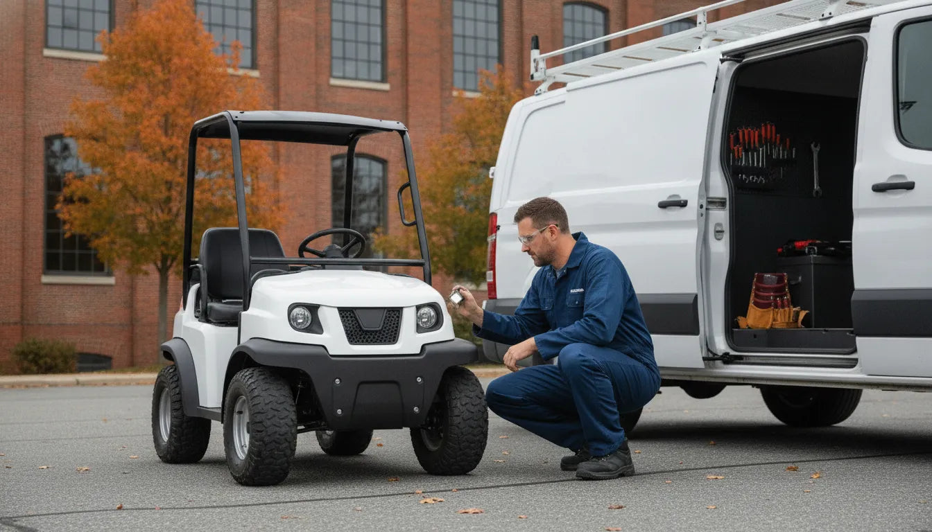 Technician inspecting an electric work vehicle at a New England service site