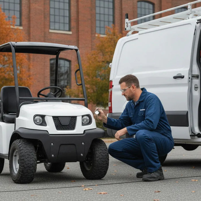 Technician inspecting an electric work vehicle at a New England service site