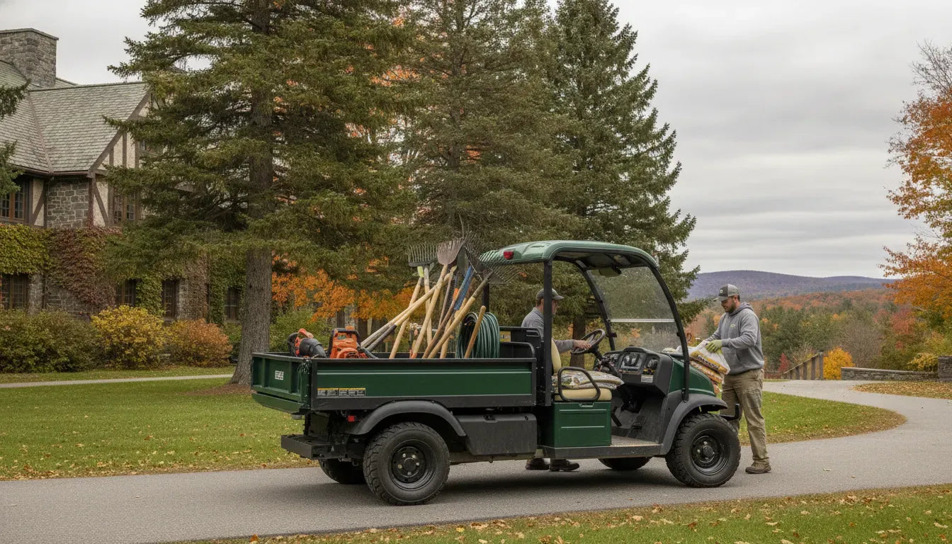 Electric work vehicle carrying grounds equipment at a New Hampshire property