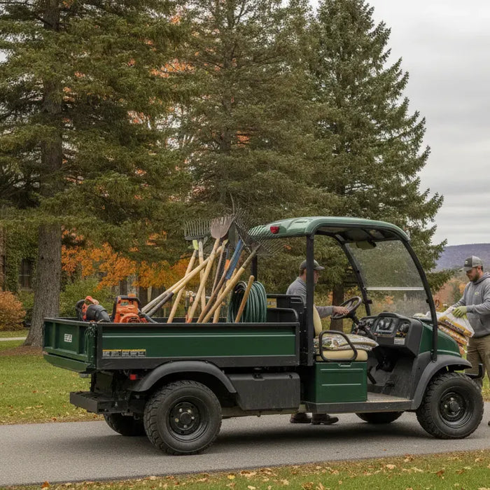 Electric work vehicle carrying grounds equipment at a New Hampshire property