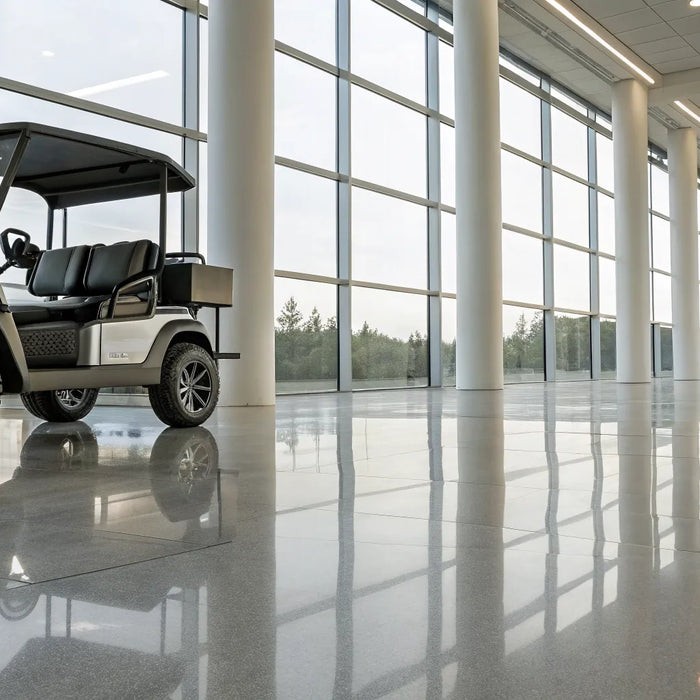 Modern Evolution golf cart with a spacious interior and sleek design.