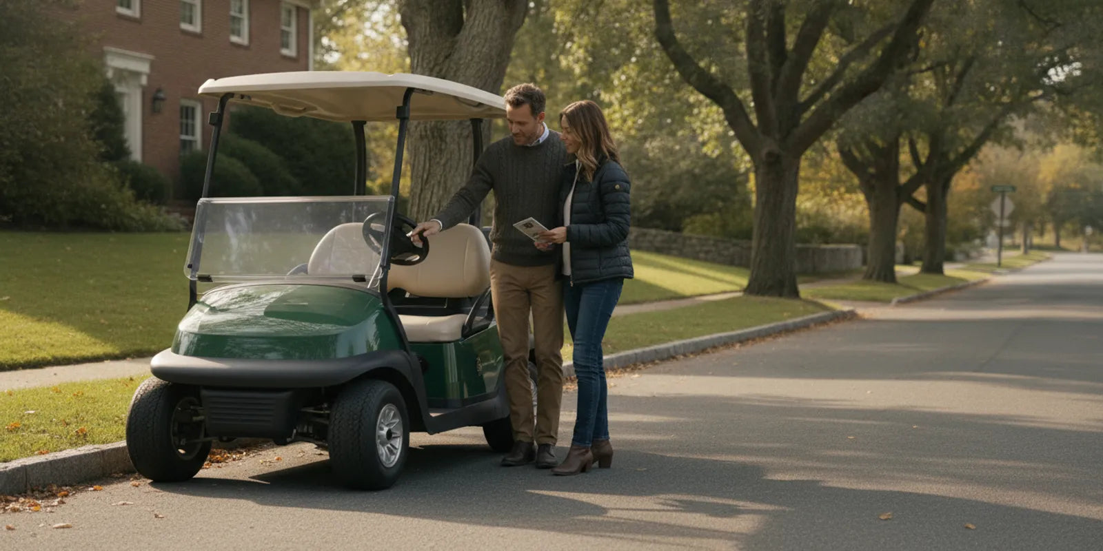 A family comparing a small electric vehicle outside a New England home
