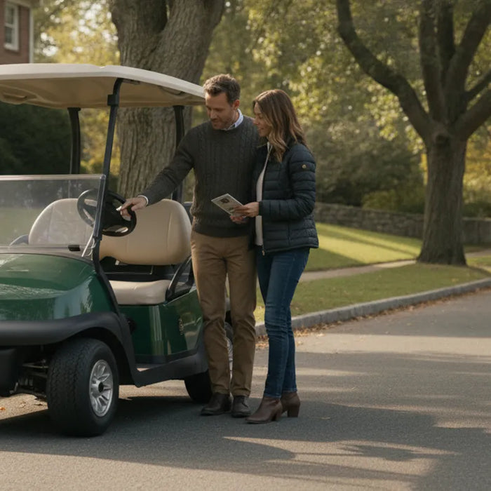 A family comparing a small electric vehicle outside a New England home
