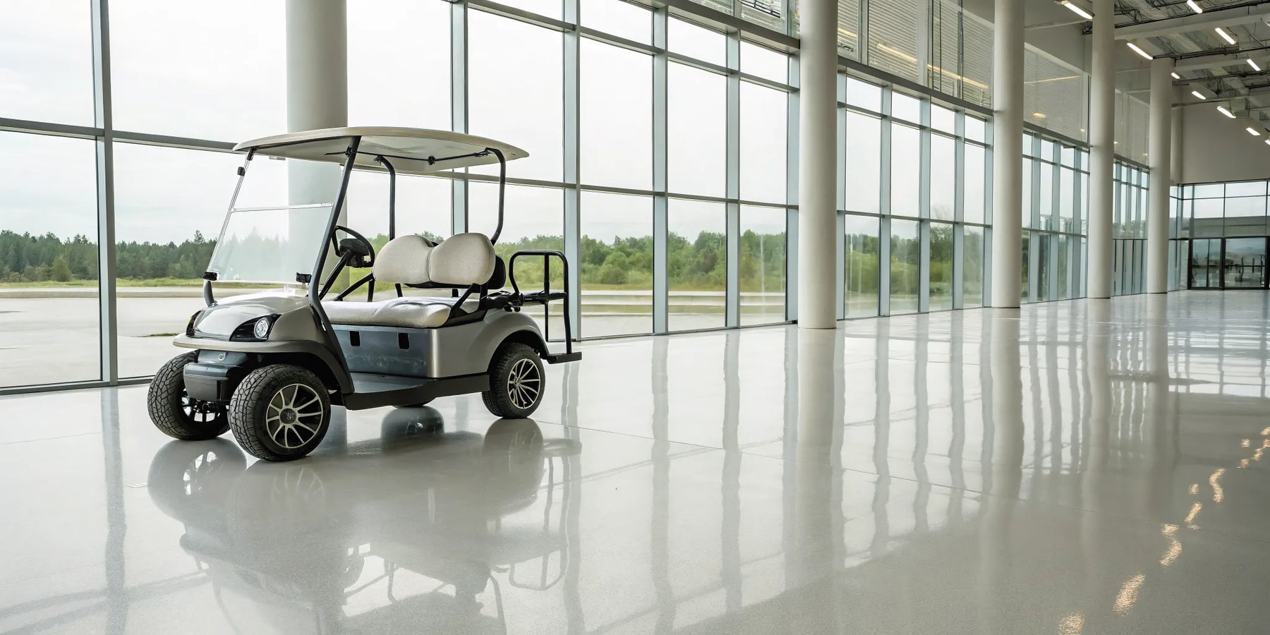 A new forward facing golf cart for sale on a showroom floor.
