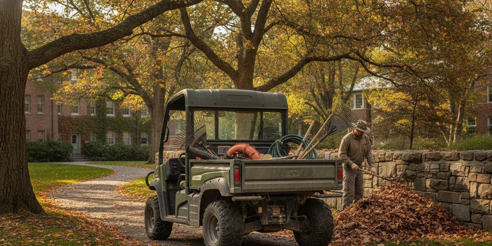 Gas-powered utility vehicle carrying groundskeeping equipment along a Connecticut campus path