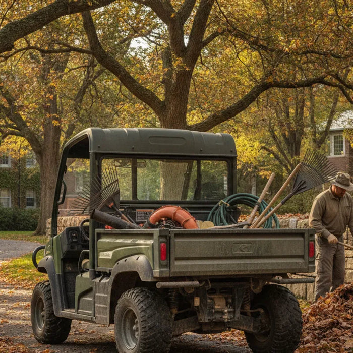 Gas-powered utility vehicle carrying groundskeeping equipment along a Connecticut campus path
