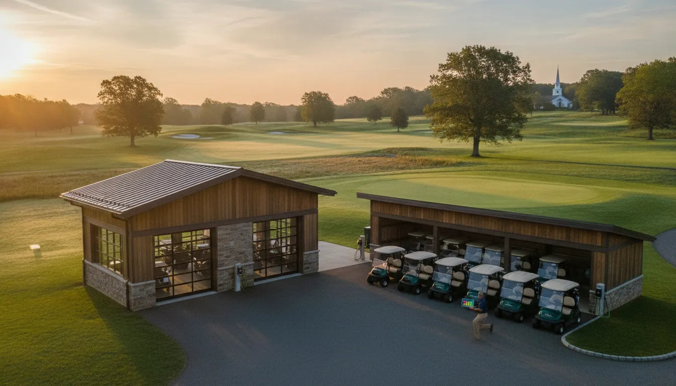 Golf course fleet manager checking Club Car electric vehicles at a charging station near the cart barn at sunrise with green fairways in the background