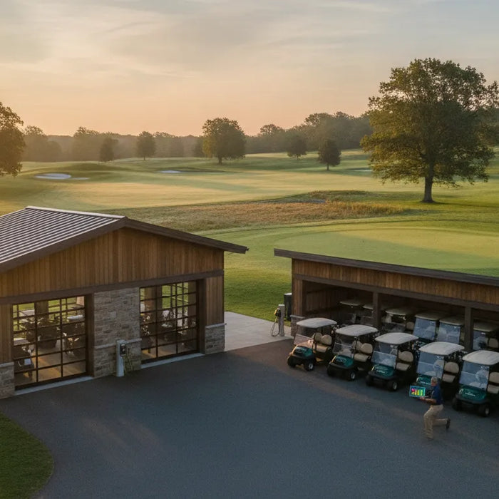 Golf course fleet manager checking Club Car electric vehicles at a charging station near the cart barn at sunrise with green fairways in the background