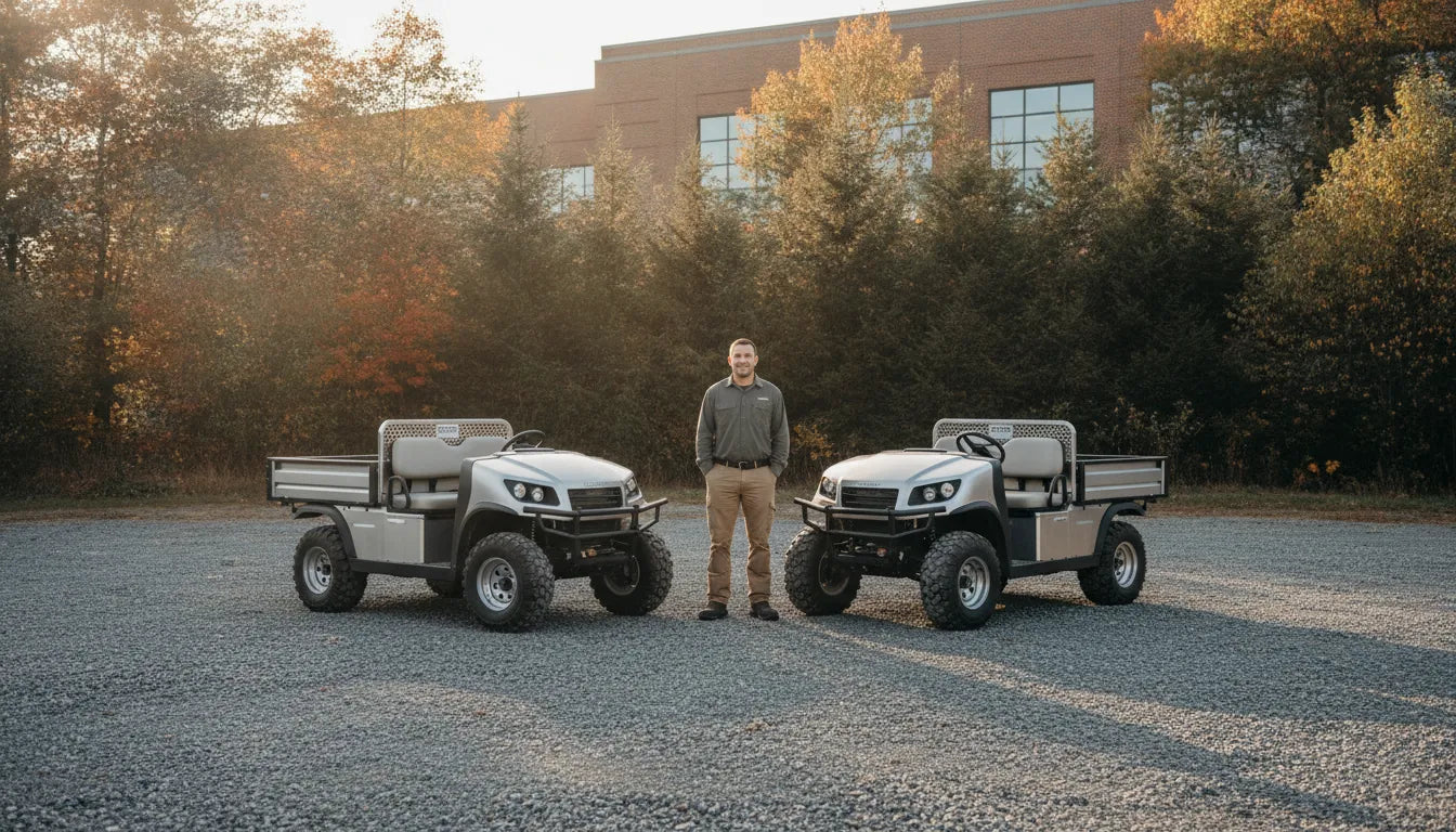 A facility manager comparing gas and electric utility work vehicles on a New England commercial property