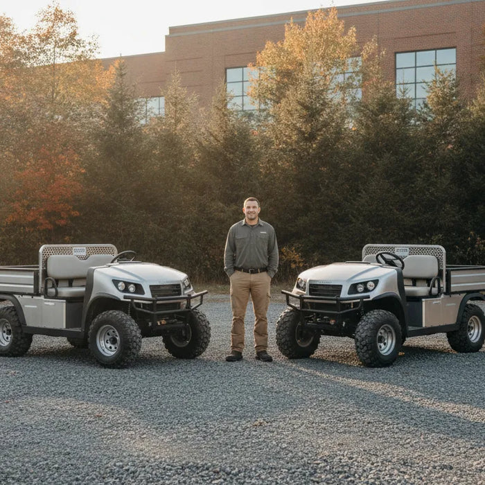 A facility manager comparing gas and electric utility work vehicles on a New England commercial property