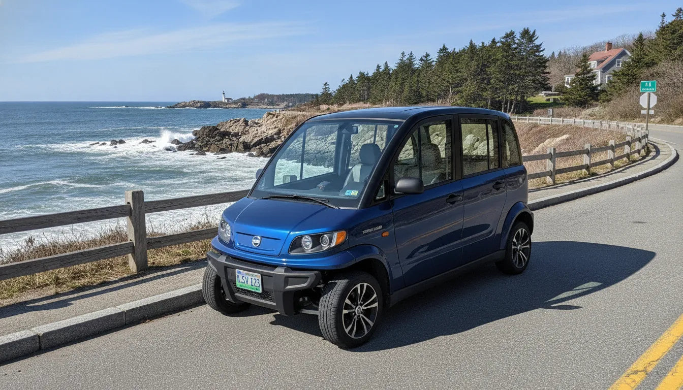 GEM electric low-speed vehicle on a New England coastal road
