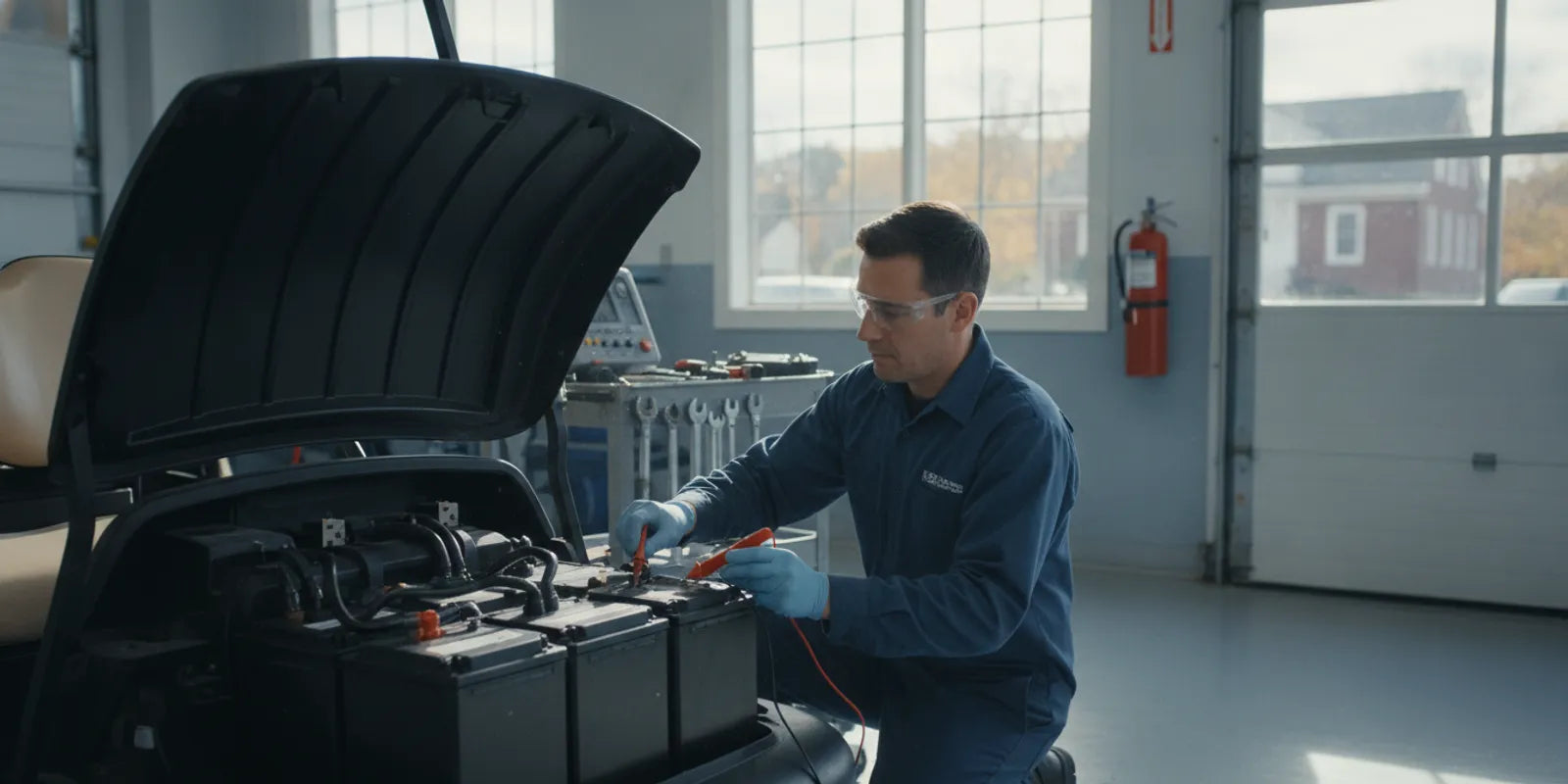 Technician checking an electric golf cart battery pack during installation