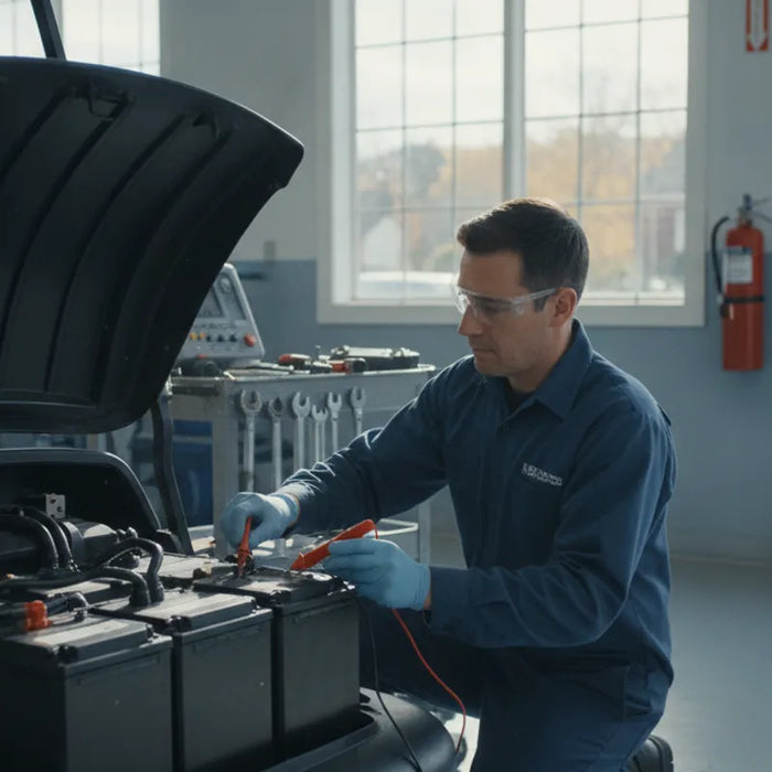 Technician checking an electric golf cart battery pack during installation