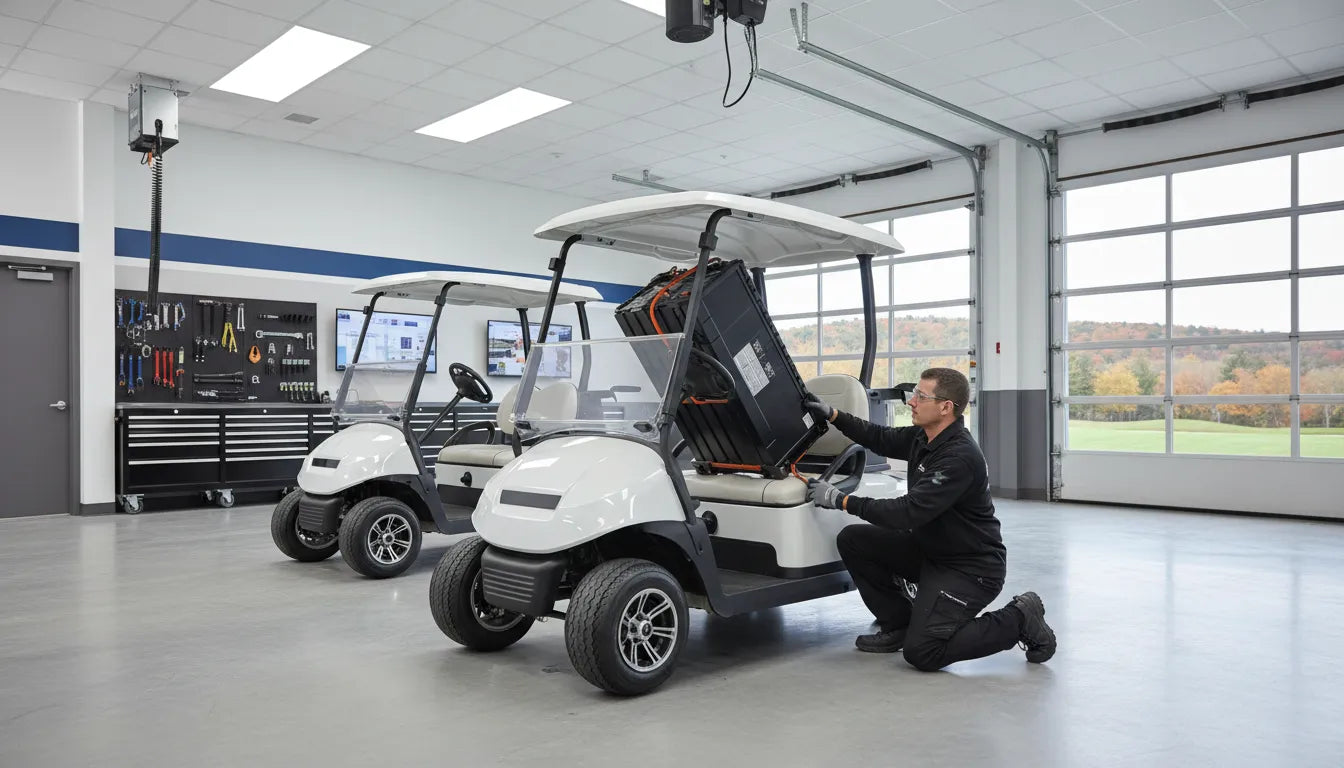 Technician inspecting golf cart batteries in a service bay