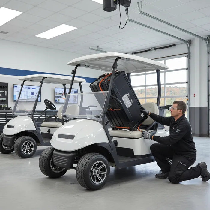 Technician inspecting golf cart batteries in a service bay