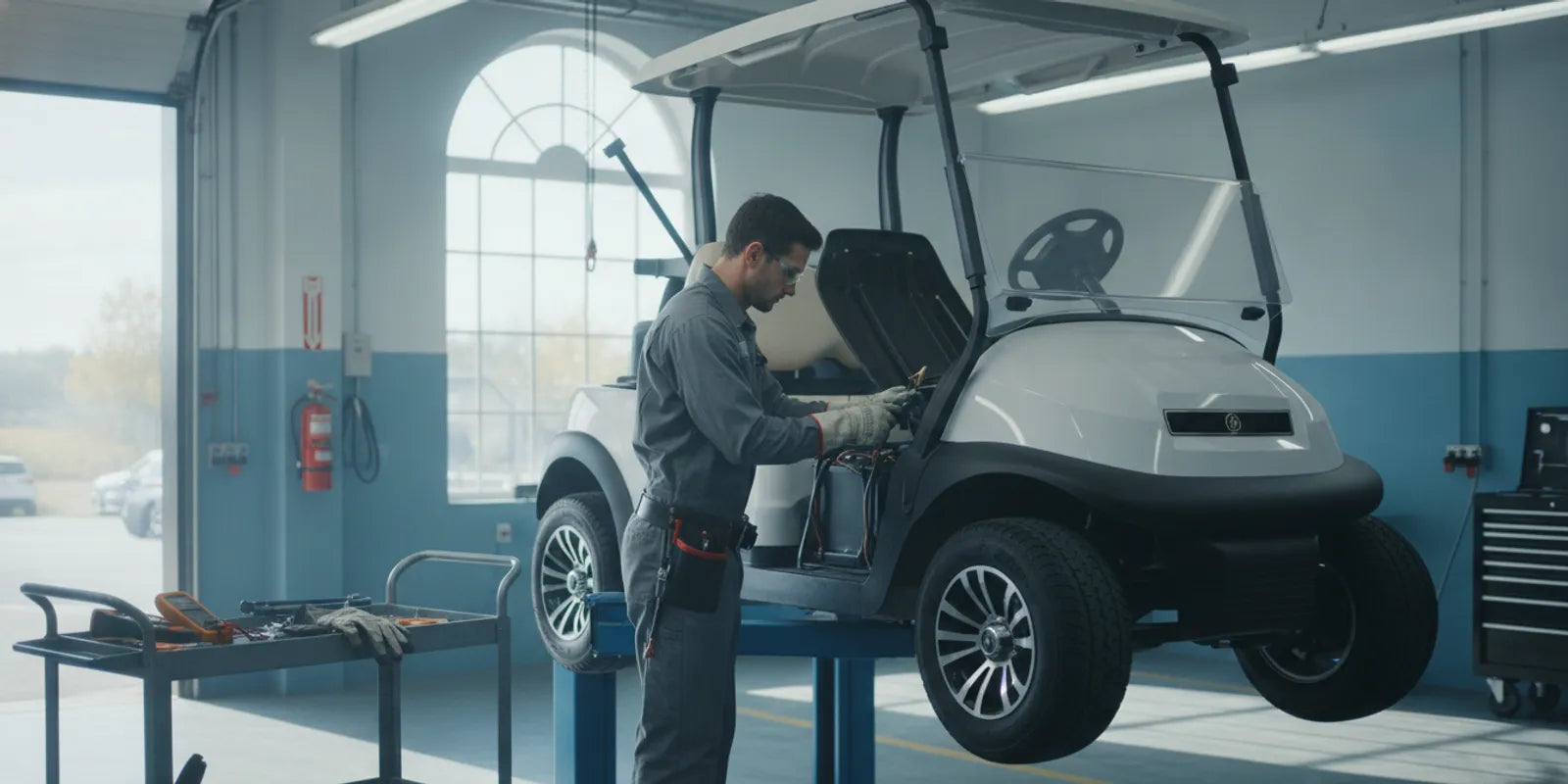 Technician inspecting batteries in an electric golf cart at a service center