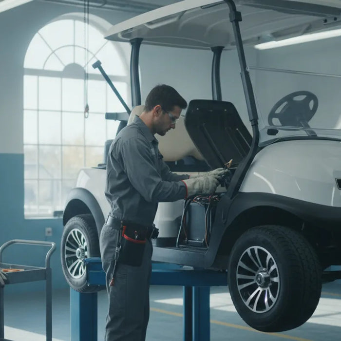 Technician inspecting batteries in an electric golf cart at a service center