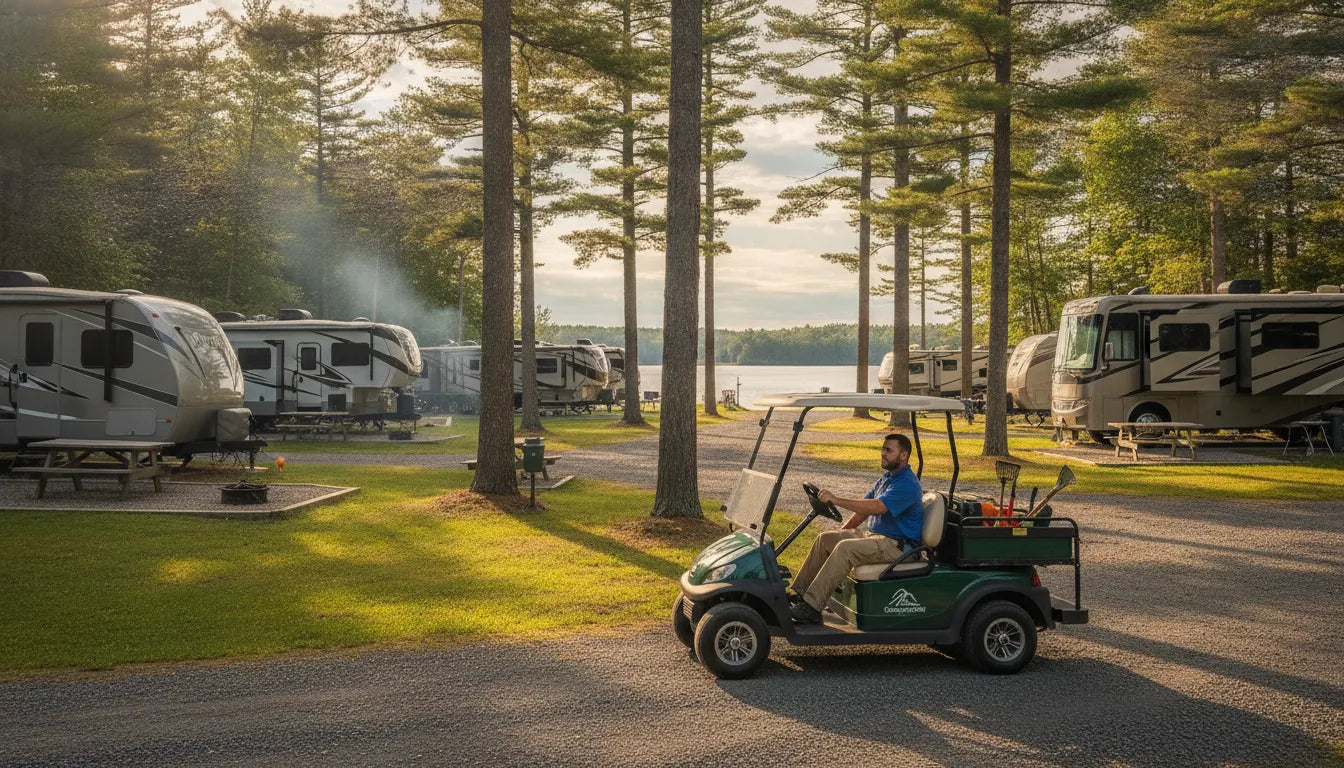 Utility golf cart traveling through a New England campground