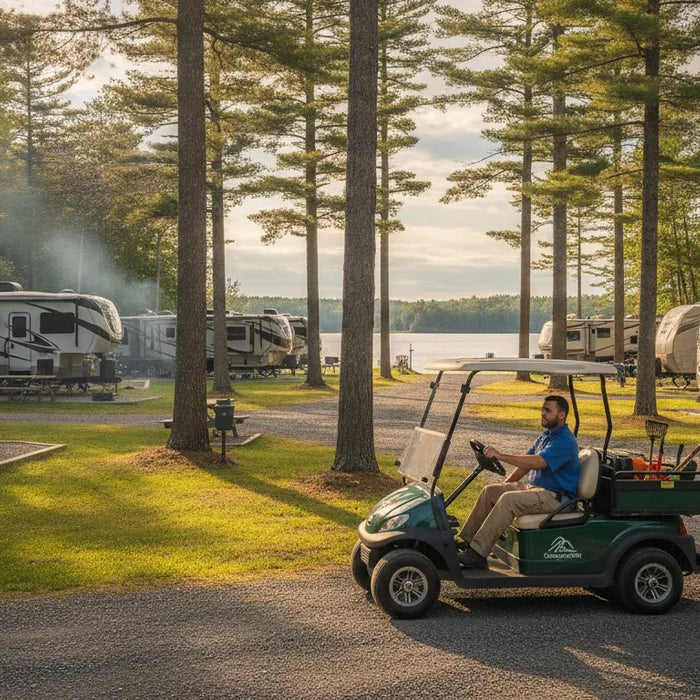 Utility golf cart traveling through a New England campground