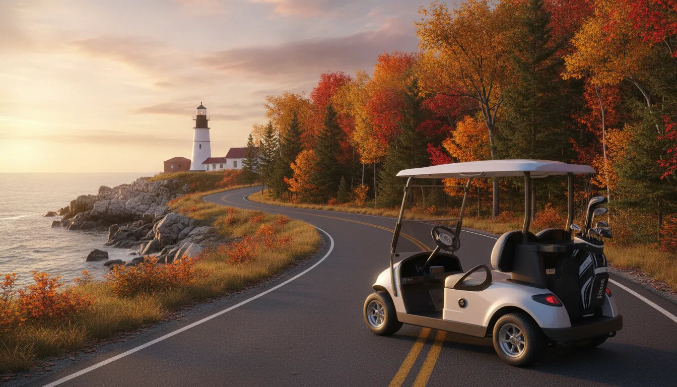 Modern golf cart parked on scenic New England coastal road at golden hour with autumn foliage