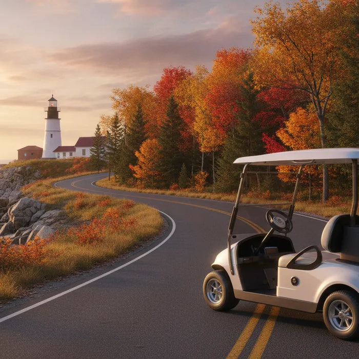 Modern golf cart parked on scenic New England coastal road at golden hour with autumn foliage