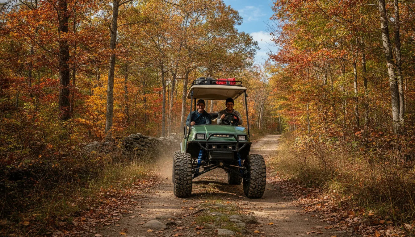 Lifted golf cart with oversized all-terrain tires driving on a rugged New England trail