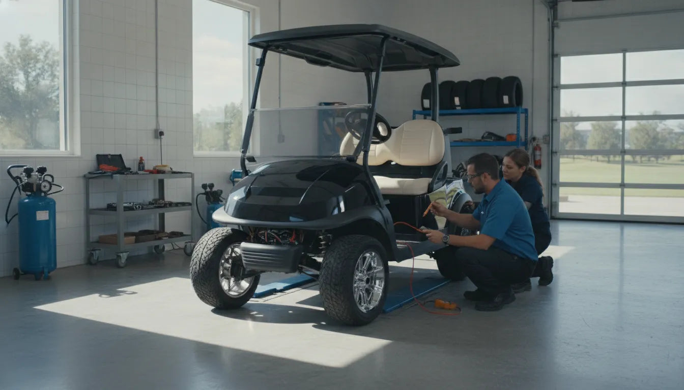 Technician completing summer golf cart maintenance