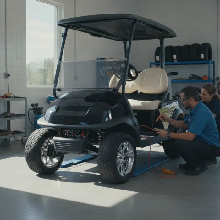Technician completing summer golf cart maintenance