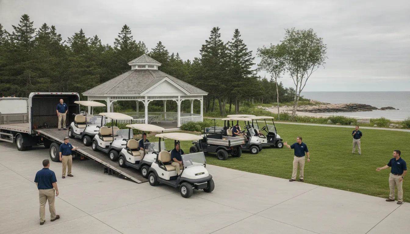 Golf cart rental delivery being staged at a New England event venue