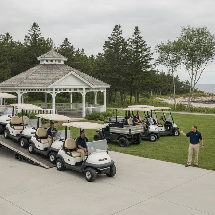 Golf cart rental delivery being staged at a New England event venue