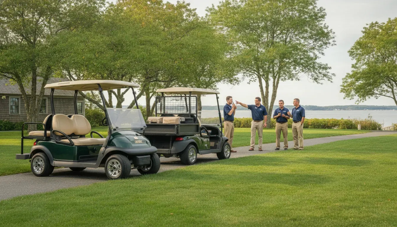 Golf cart rental fleet staged for an event venue