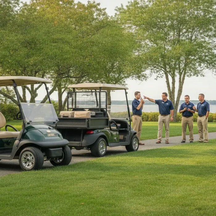 Golf cart rental fleet staged for an event venue