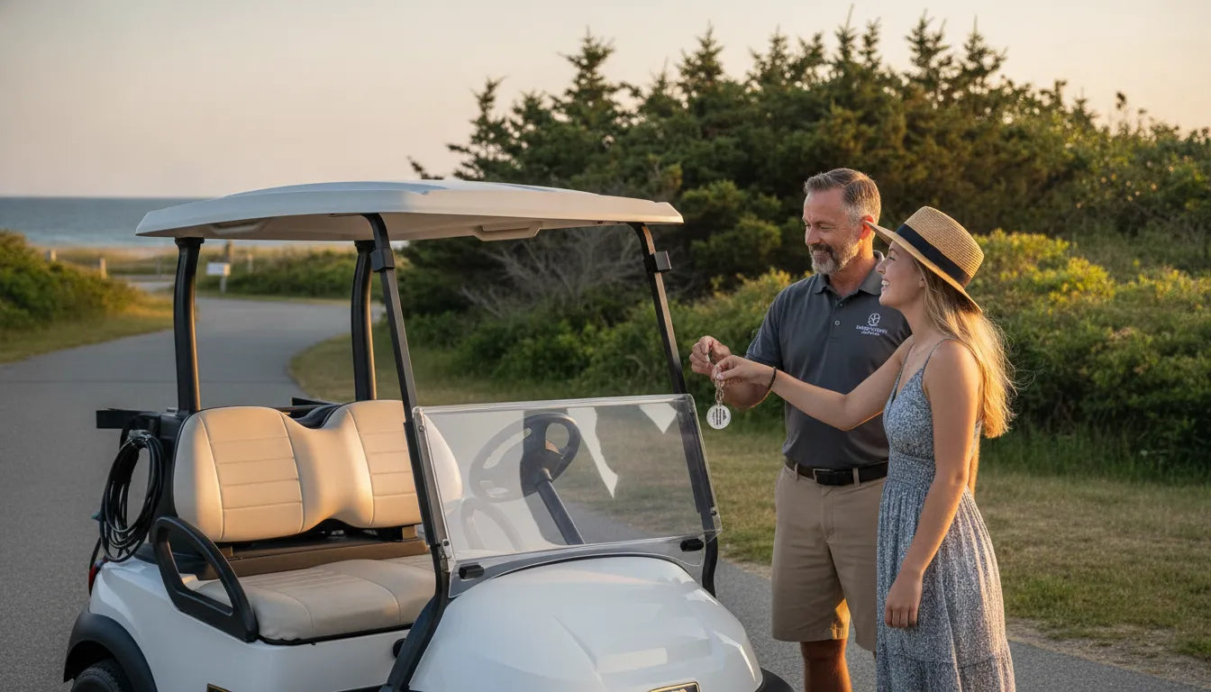 Golf cart rental handoff at a New England resort