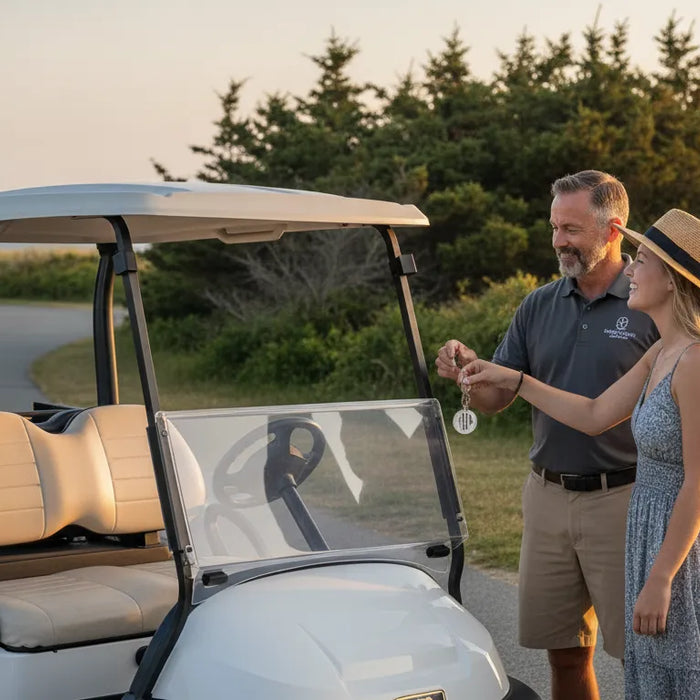 Golf cart rental handoff at a New England resort