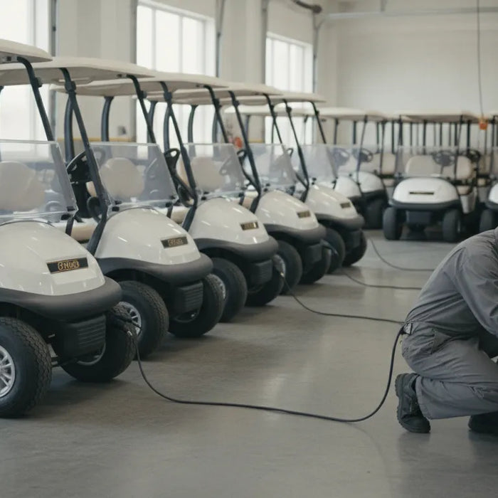 Technician inspecting a golf cart rental fleet