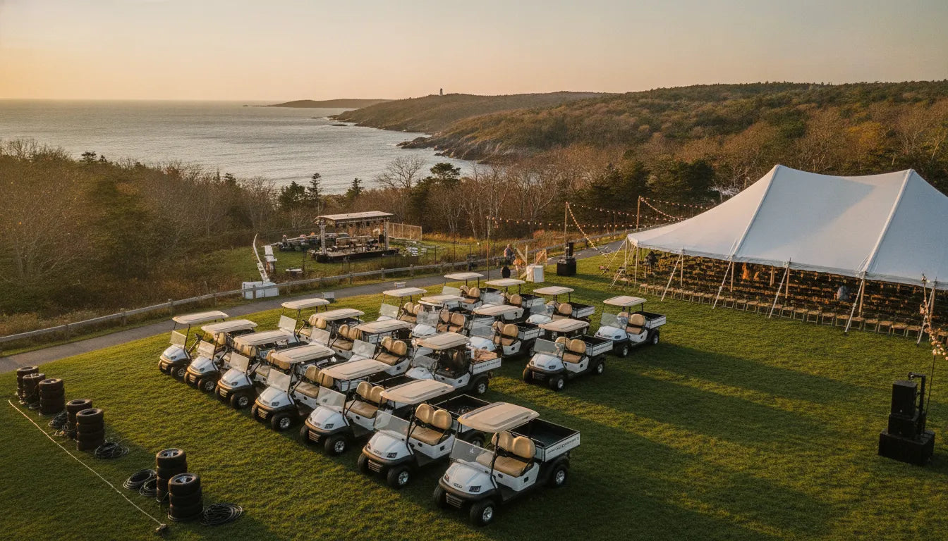 Golf cart rental fleet staged beside a New England outdoor event venue