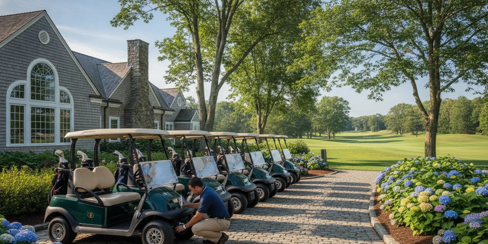 Golf carts lined up beside a New England event venue ready for rental use