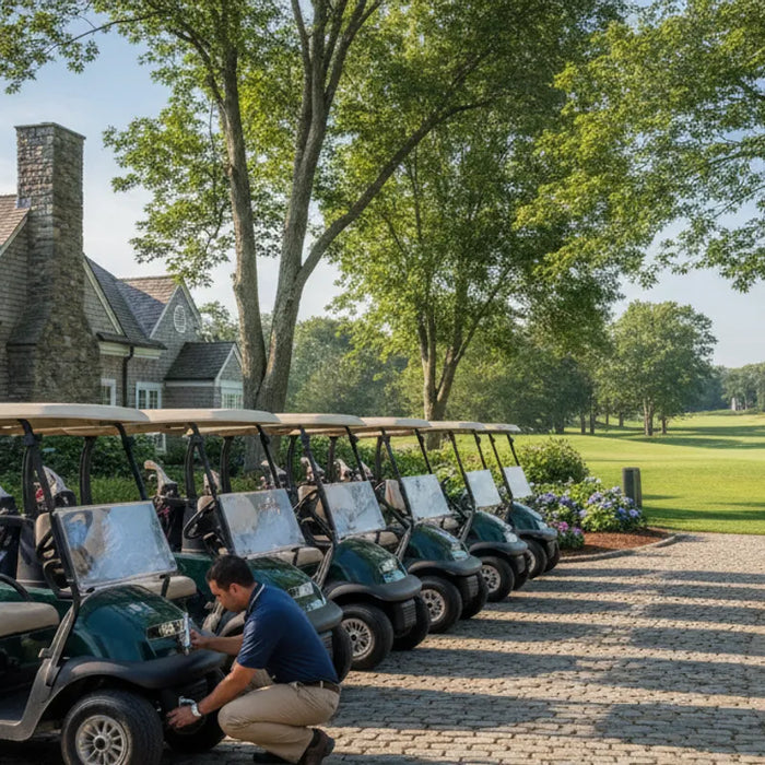Golf carts lined up beside a New England event venue ready for rental use